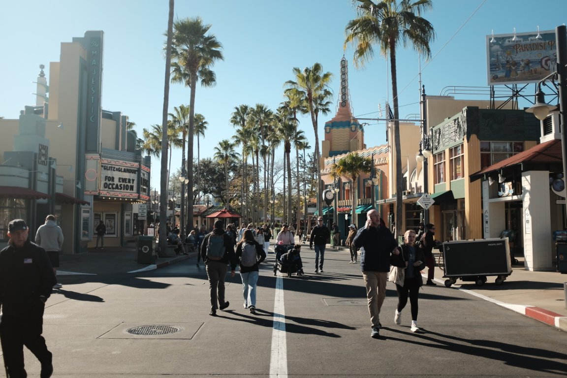Walking through Hollywood Studios at Disney World with a compact camera bag