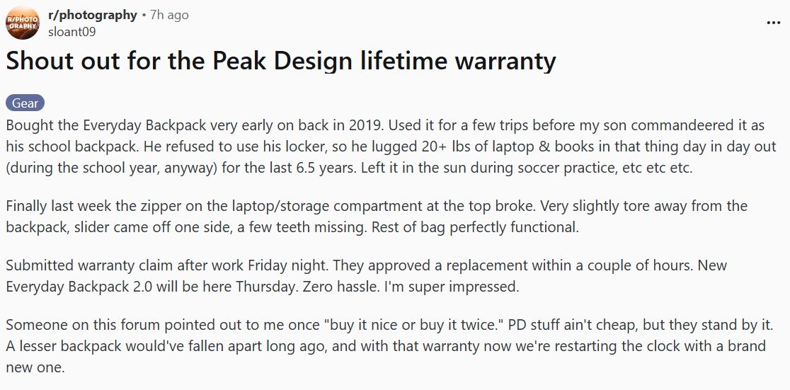 Reddit post from r/photography praising Peak Design's lifetime warranty on a 6.5-year-old Everyday Backpack